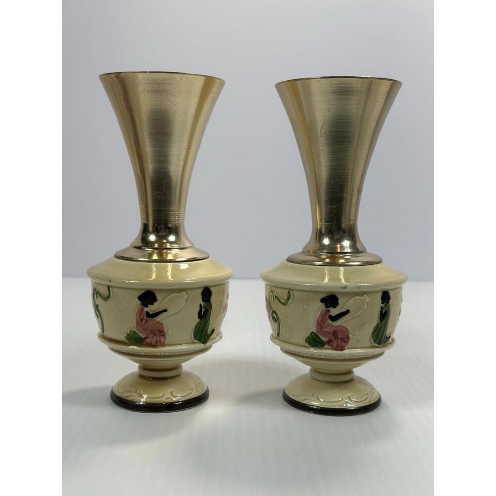 Vintage Mid Century Modern Metal‎ Ceramic Vase Decor Handmade Painted Grecian